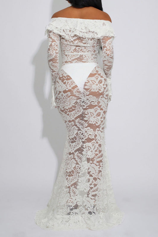 Sheer Lace Ruffled Slit Maxi Dress