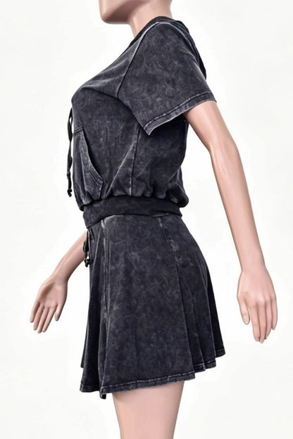 Mineral Wash Short Sleeve Hoodie & Skater Skirt Set