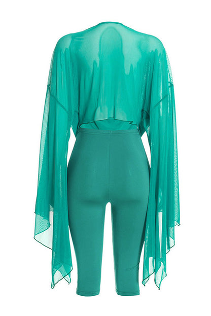Cowl-Neck Mesh Top & Capri Pants Set