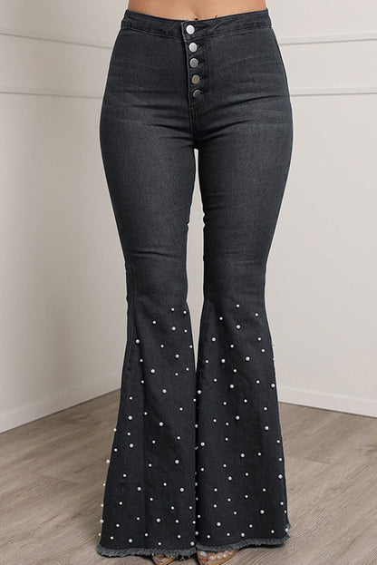 Pearl Decor Buttons Denim Flare Leg Jeans