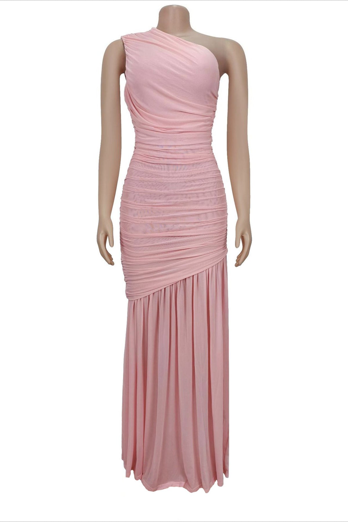 One-Shoulder Ruched Mesh Maxi Dress