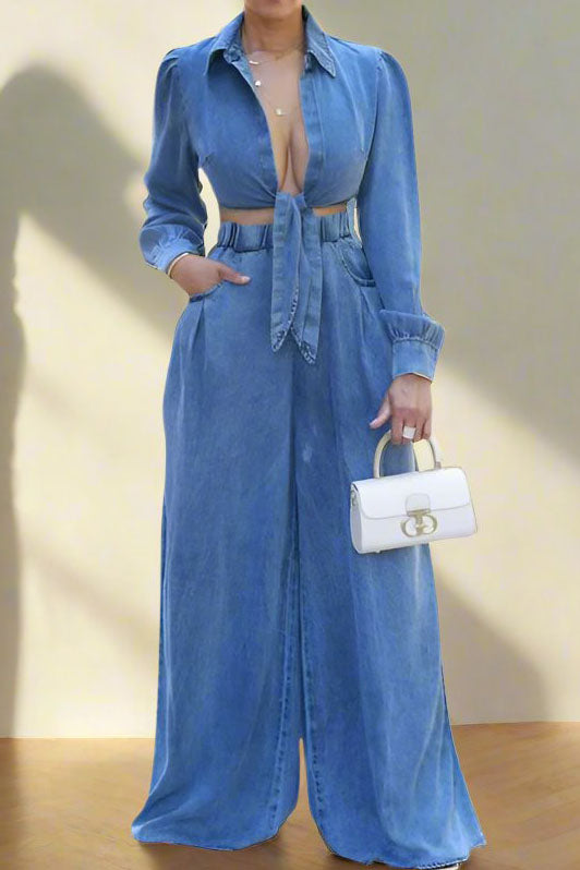 Denim Tied Shirt & Wide-Leg Pants Set