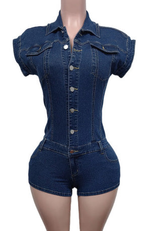 Fitted Denim Button Short Jumpsuit Romper