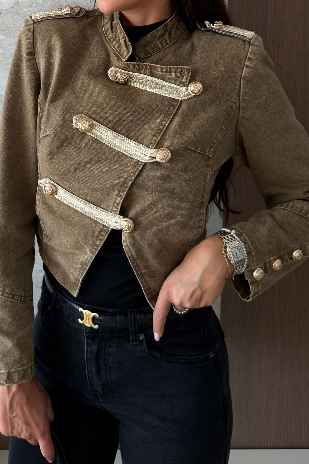 Cropped Military Jacket with Metal Button Detail