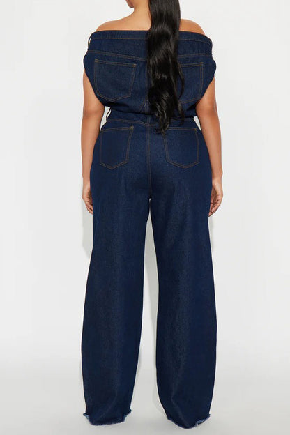 Strapless Off-Shoulder Fitted Denim Jumpsuit