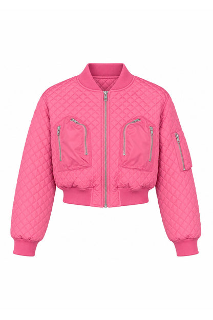 Cropped Diamond-Quilted Bomber Jacket