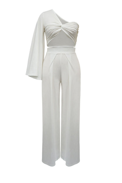 Asymmetrical Twist Crop Top & Draped Wide Leg Pant Set