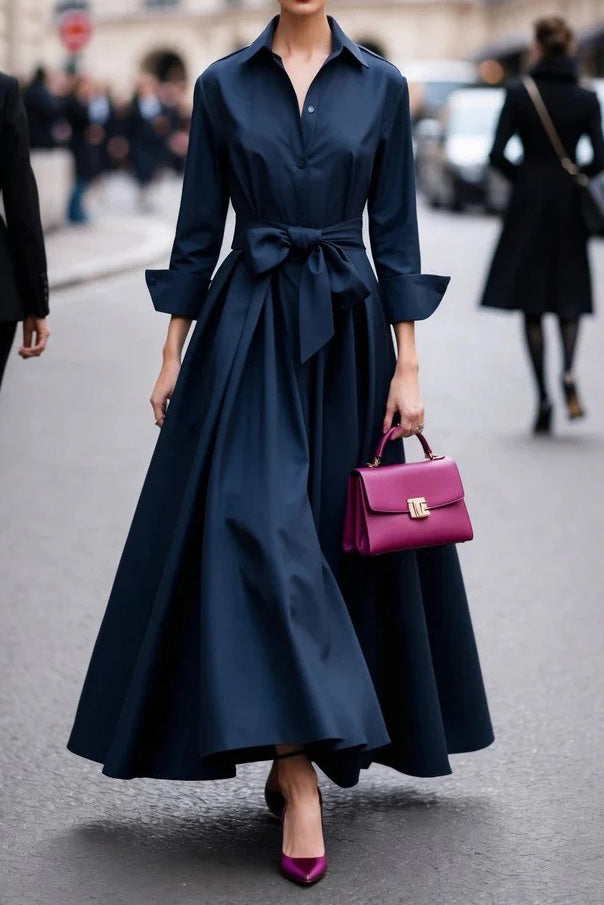 Button Up Bow Waist Long Sleeve Maxi Dress