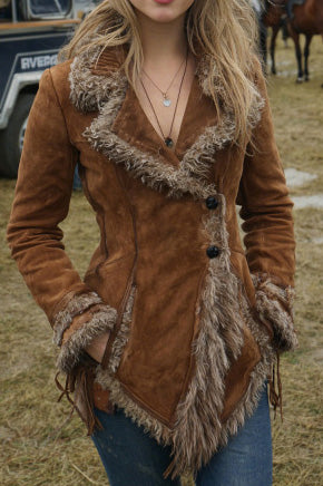 Vintage Suede Fur Collar Lapel Coat