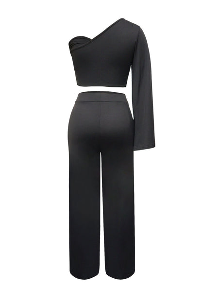Asymmetrical Twist Crop Top & Draped Wide Leg Pant Set