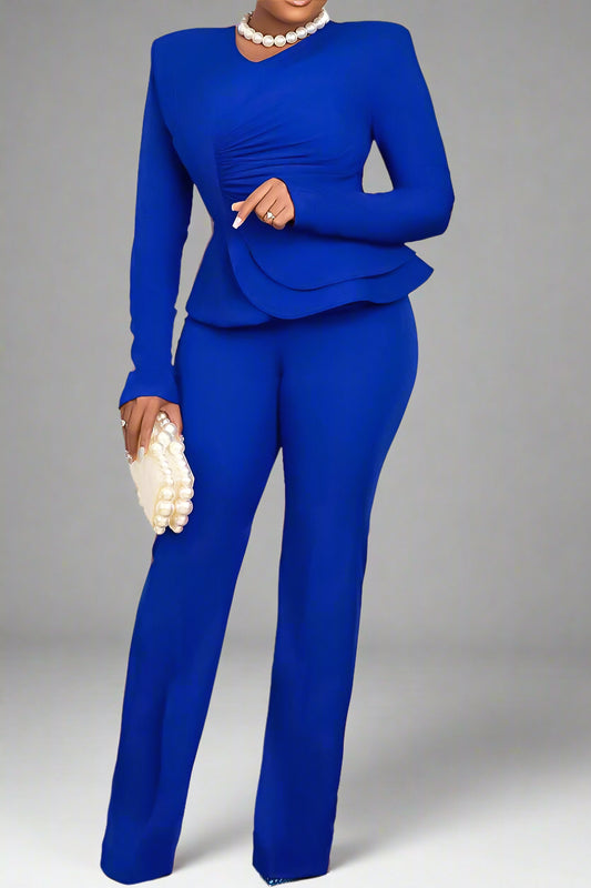 Solid Flounce V Neck Long Sleeve Sets