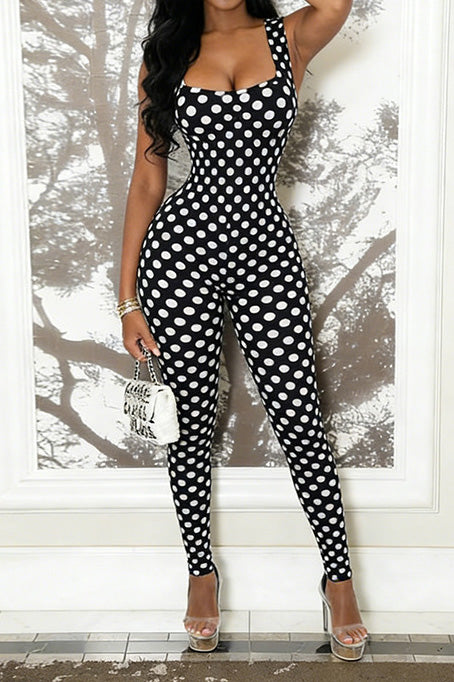 Sleeveless Polka Dot Bodycon Jumpsuit