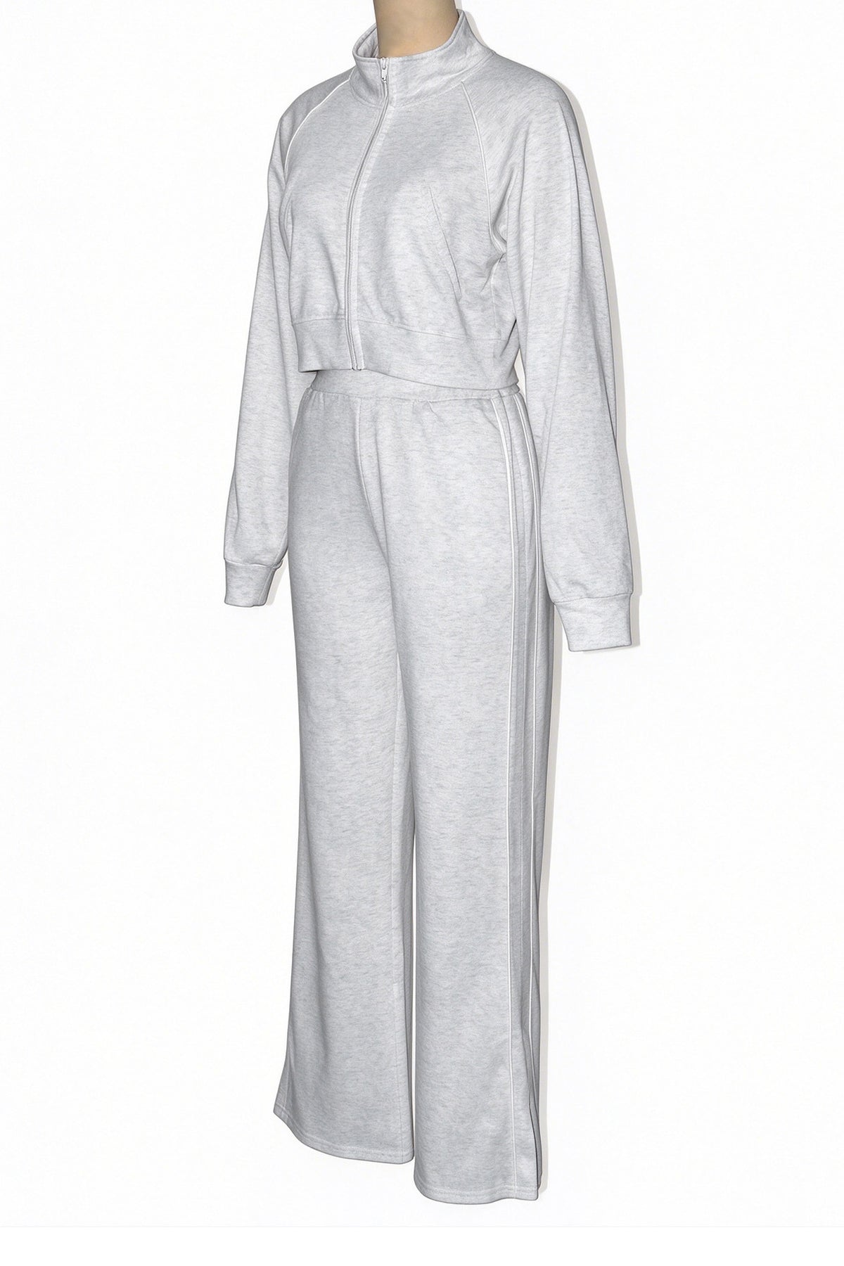 Contrast-Piping Zip Jacket & Flare Pants Set