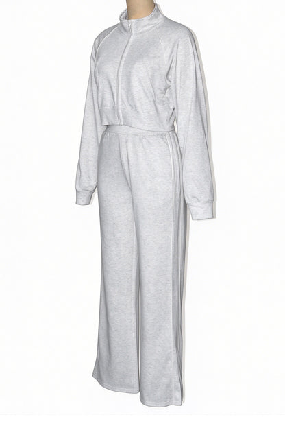 Contrast-Piping Zip Jacket & Flare Pants Set
