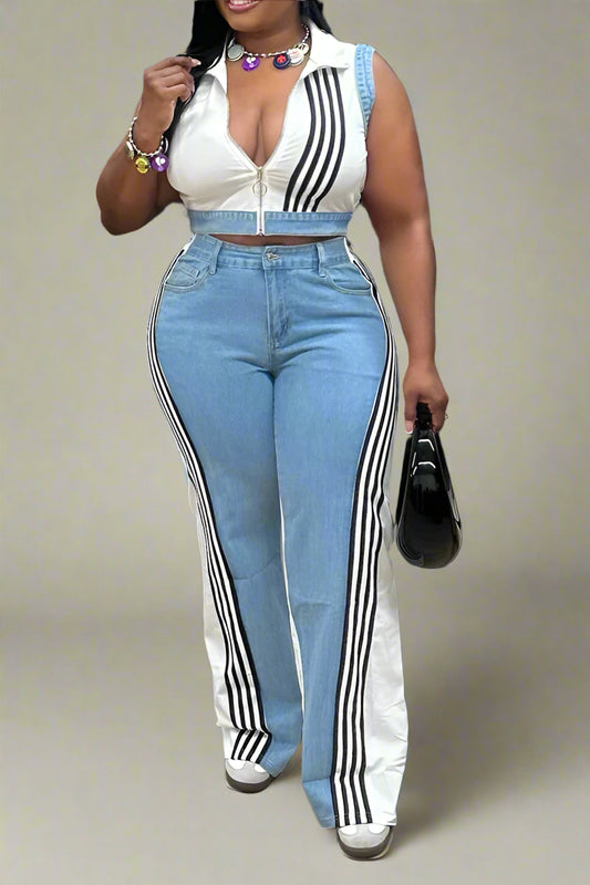Striped Cropped Top Denim Pant Sets