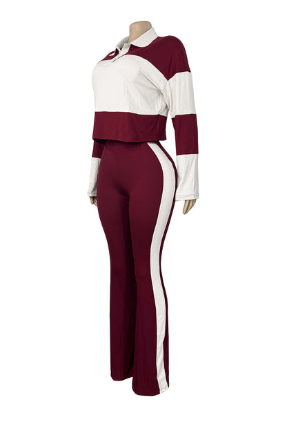 Colorblock Polo Top & Flare Pants Set