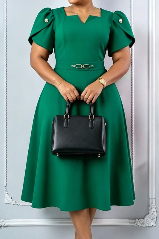 Notched Neck Petal Sleeve A-Line Midi Dress