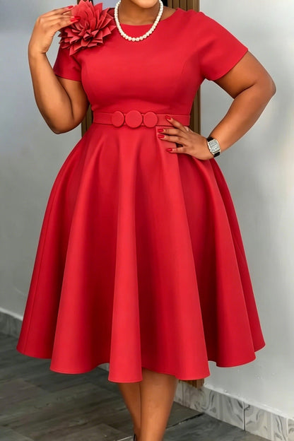 3D Floral Applique Belted A-Line Midi Dress
