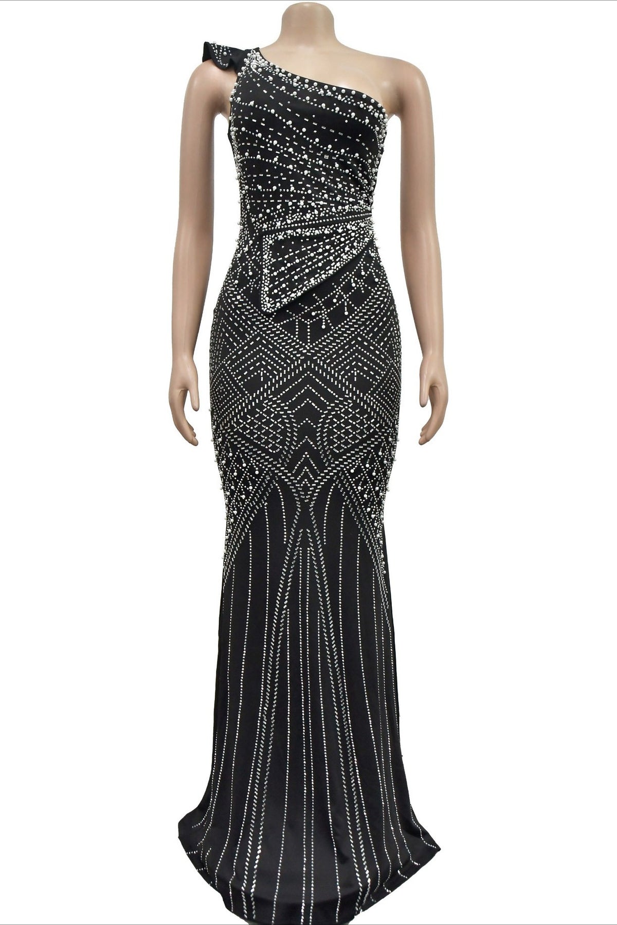 One-Shoulder Rhinestone Maxi Dress