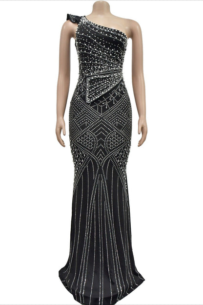 One-Shoulder Rhinestone Maxi Dress