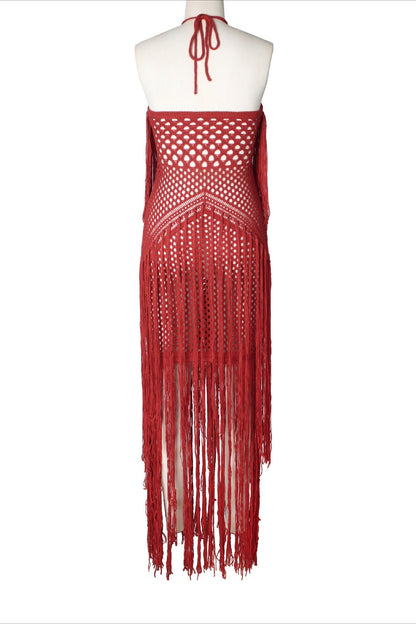 Crochet Halter Fringe Maxi Dress