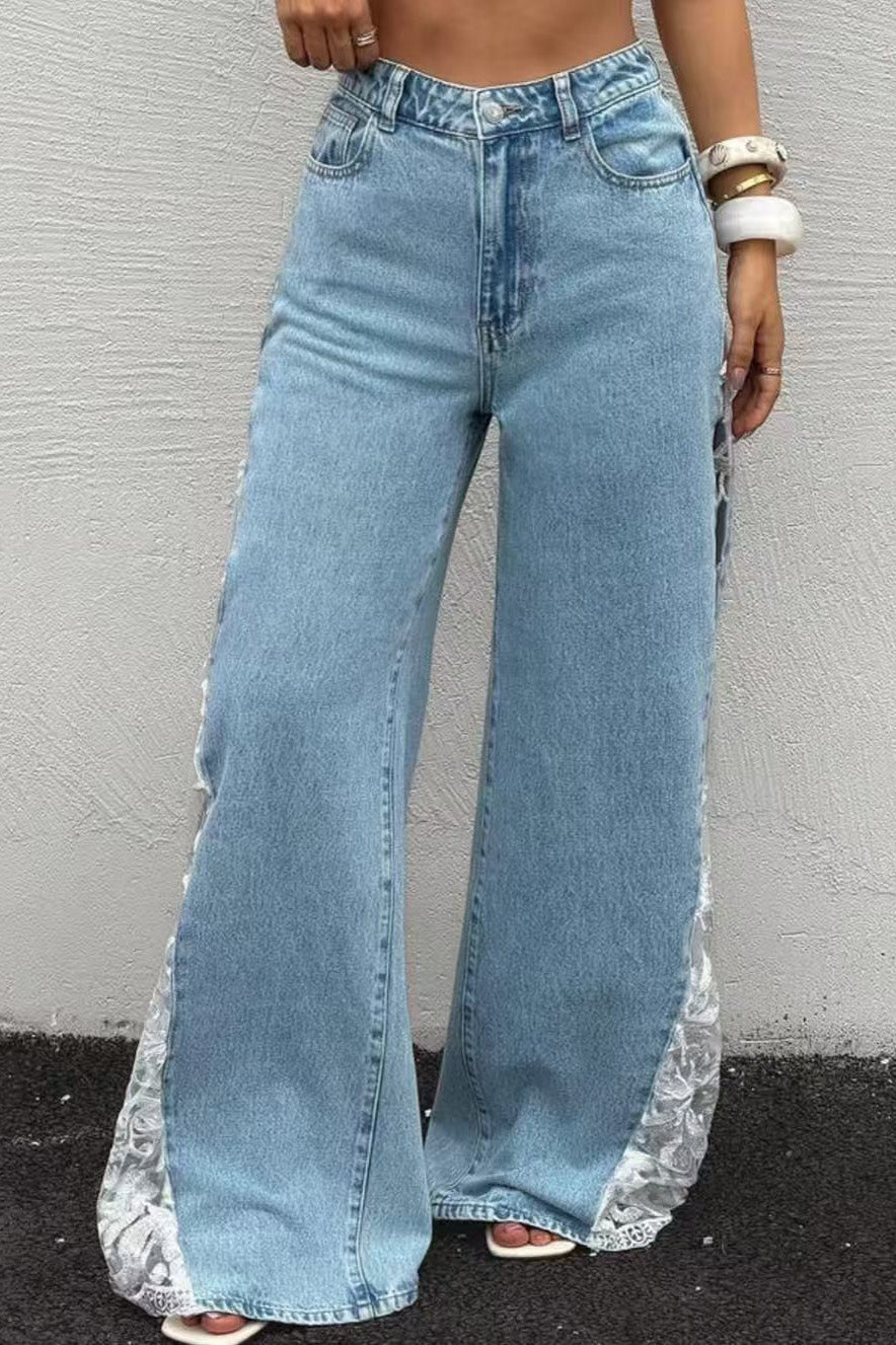 High-Waisted Lace Insert Wide Leg Jeans