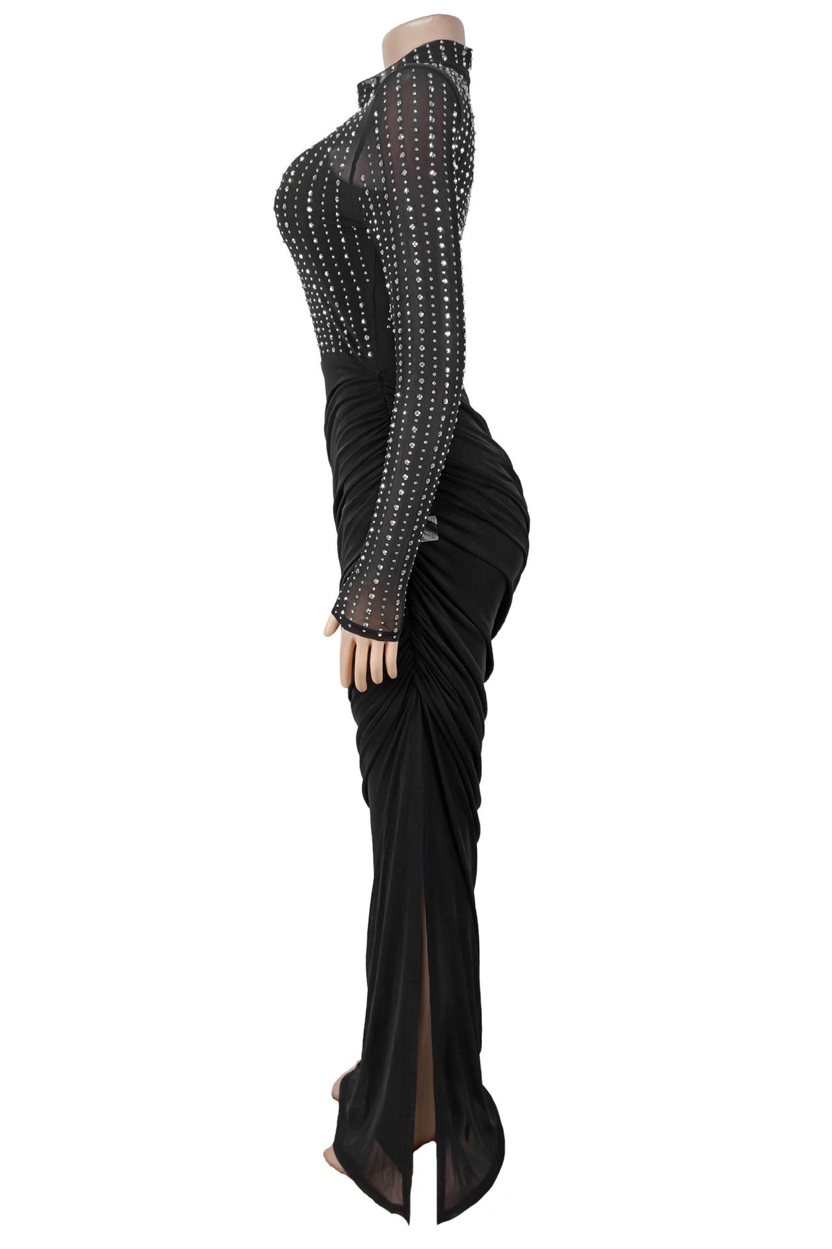 Beaded High-Neck Ruched Mesh Maxi Dress