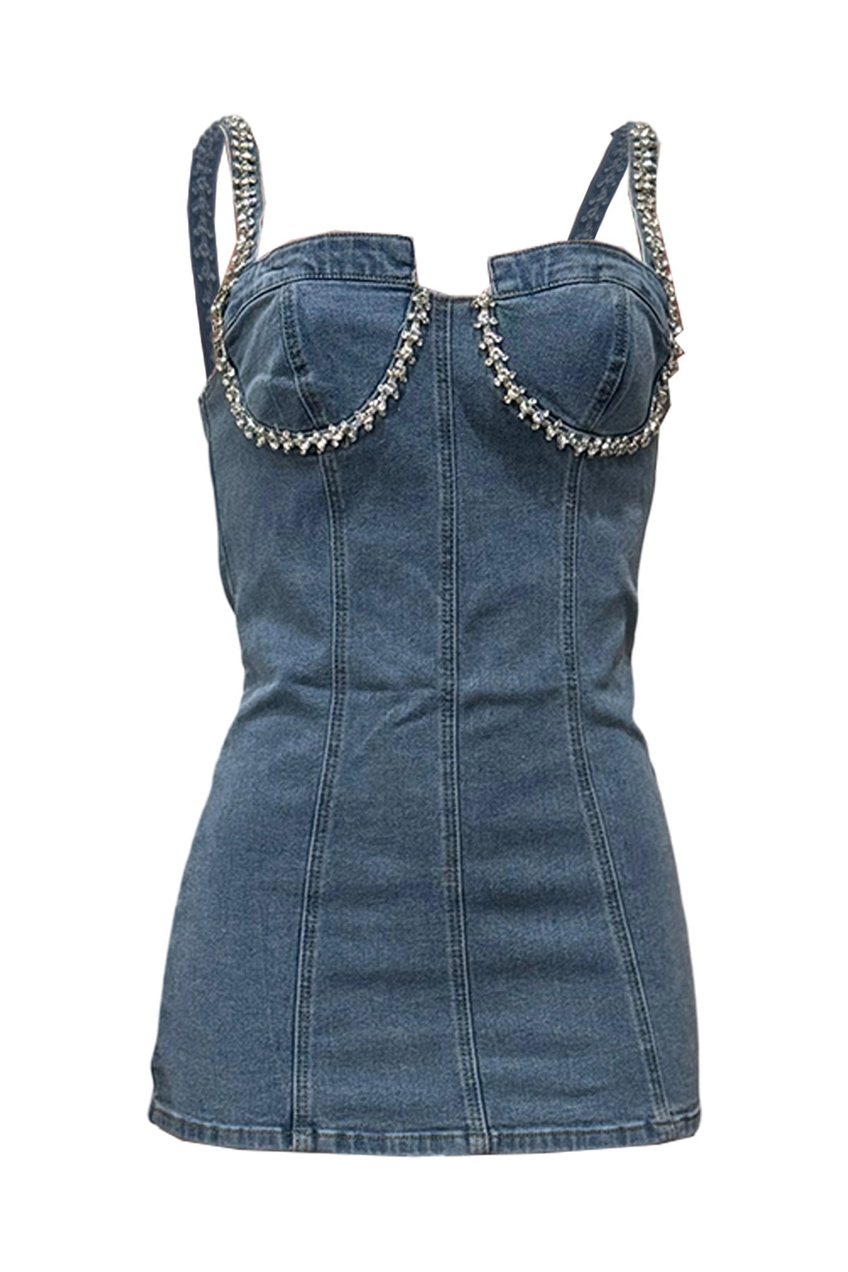 Rhinestone Trim Denim Bustier Mini Dress
