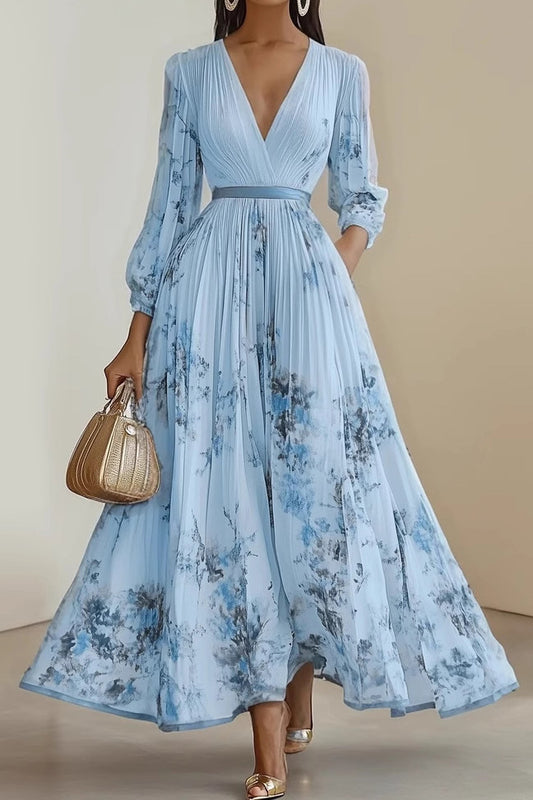 V Neck Floral Long Sleeve A Line Maxi Dress
