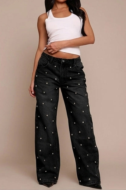 Studded High Waist Straight Leg Jeans