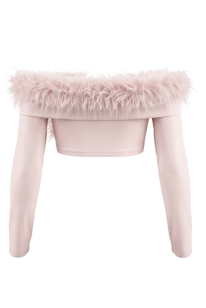 Feather-Effect Off-Shoulder Twist Crop Top