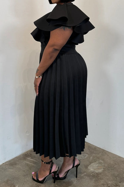 Plus Size Ruffle Sleeve Pleated Dress