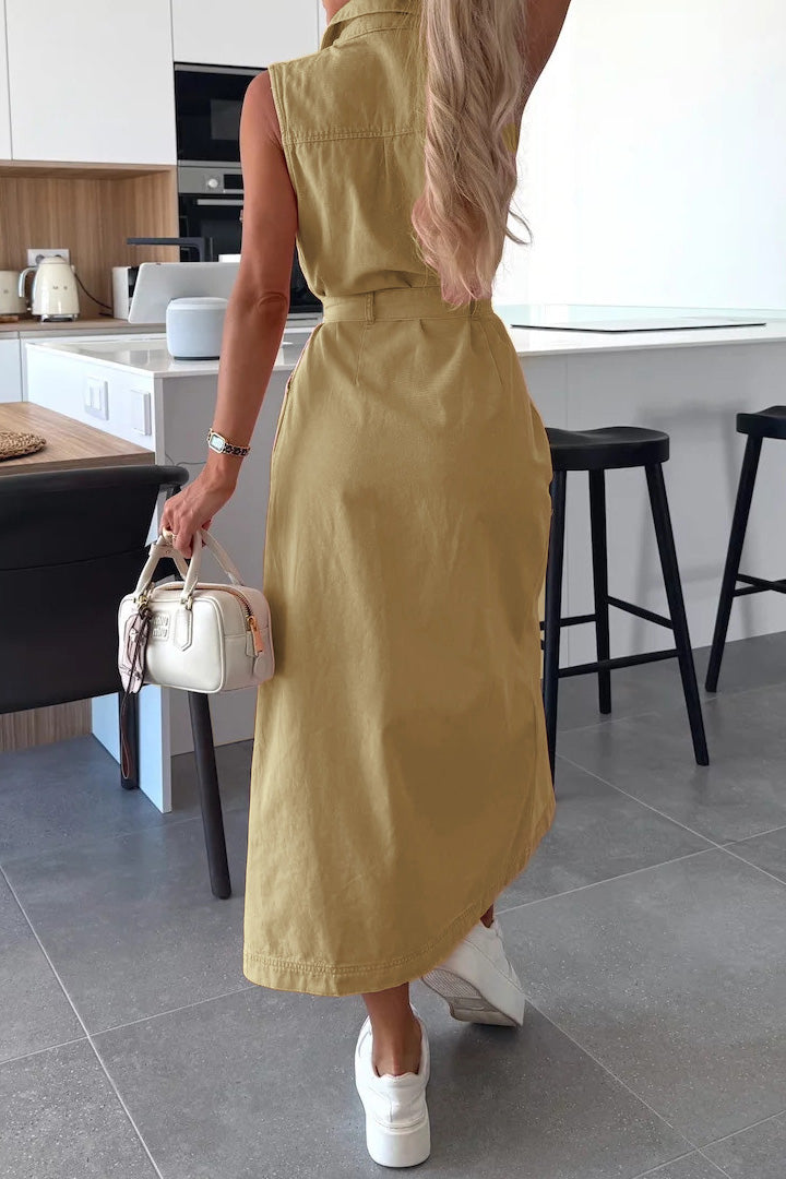 Sleeveless Belted Utility Maxi Shirt Dress