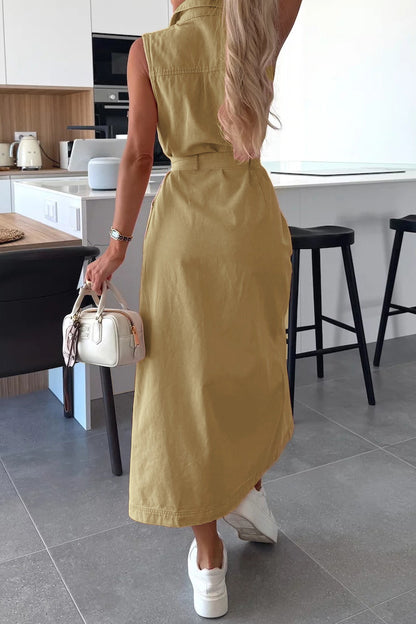 Sleeveless Belted Utility Maxi Shirt Dress