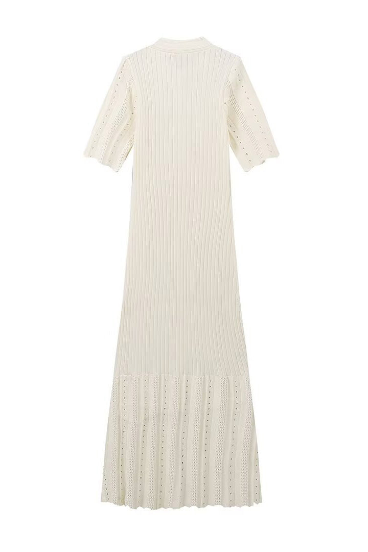 Collared Buttoned Short Sleeve Knit Midi Dress
