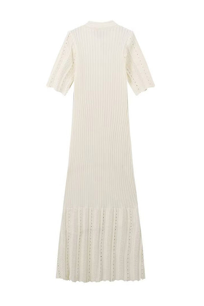 Collared Buttoned Short Sleeve Knit Midi Dress