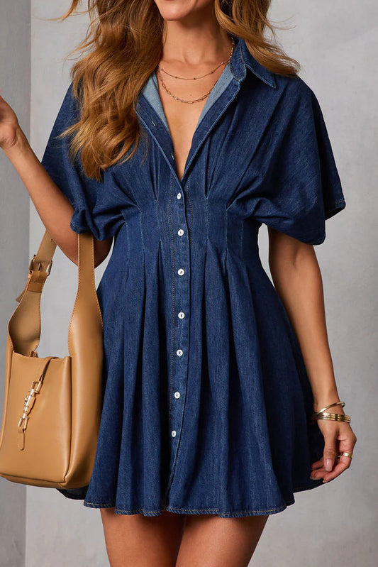 Dark Wash Pleated Waist Denim Mini Dress