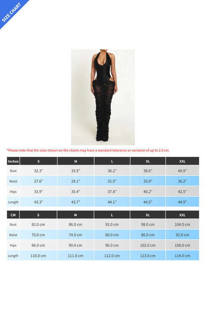 Sequin Halter Slit Mesh Pleated Maxi Dress