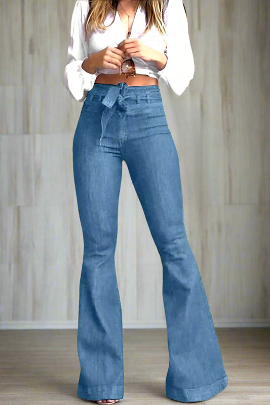 High Rise Tie Waist Flare Wide Leg Jeans