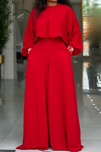 Plus Size Lantern Sleeve Wide Leg Pant Set