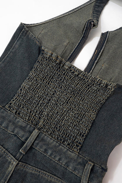 Sleeveless Denim Halter V Neck Backless Romper
