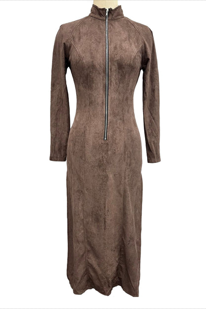 Long Sleeve Zipper Slim Fit Slit Maxi Dress