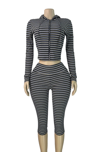 Striped Zip Hoodie & Foldover Capri Pants Set