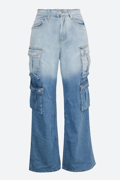 Casual Multi-Pocket Ombre Wide-Leg Jeans