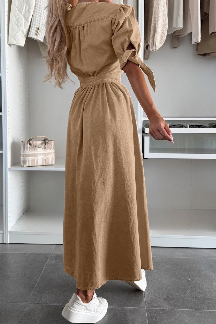 V-Neck Button-Front A-Line Denim Midi Dress