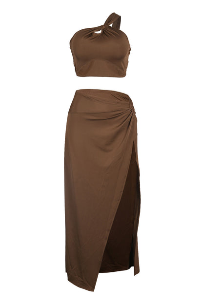 Solid One Shoulder Crop Top and Slit Skirt Set