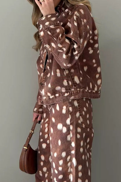 Deer-Print Button-Front Denim Jacket