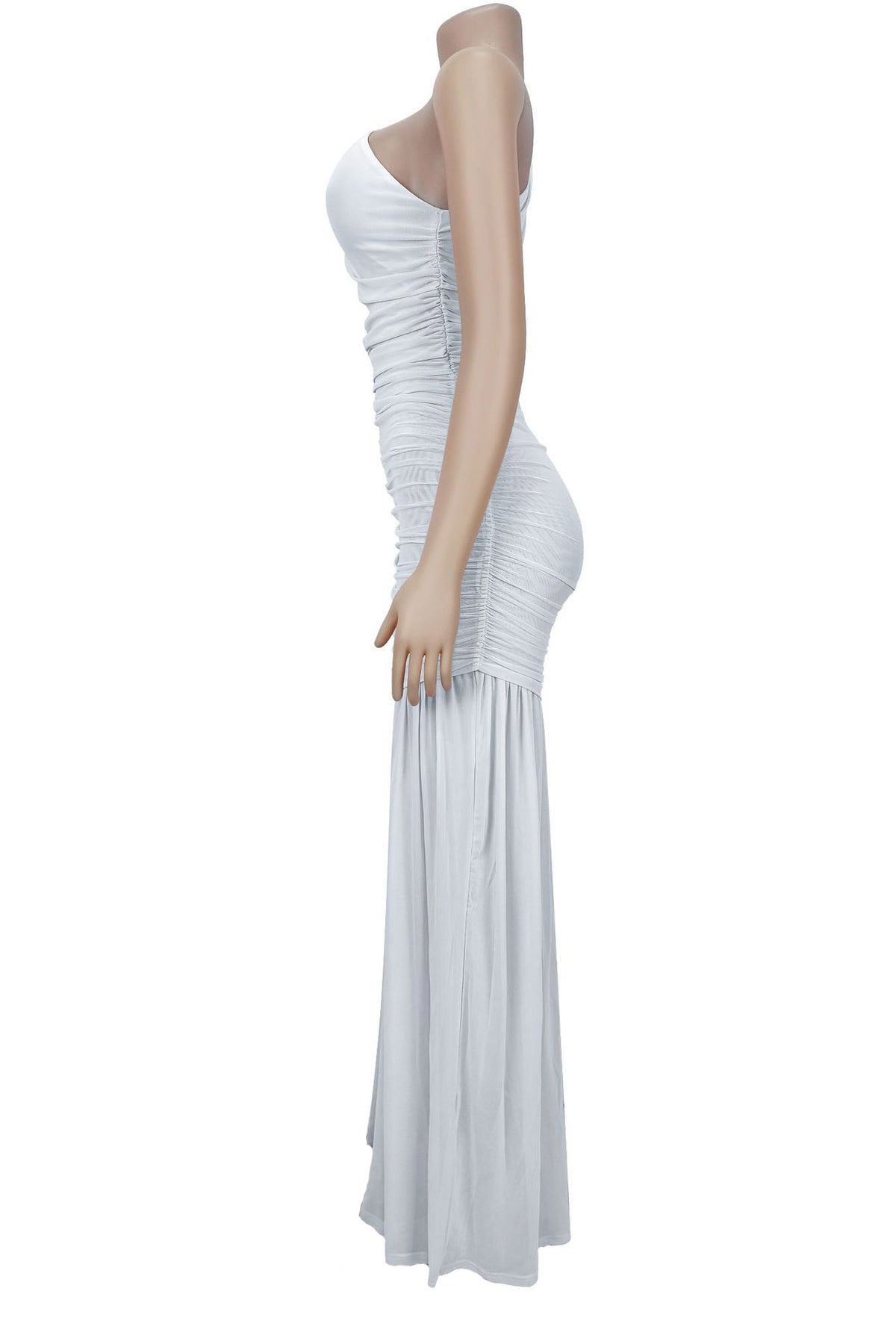 One-Shoulder Ruched Mesh Maxi Dress