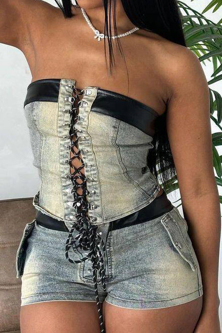 Denim Lace up Tube Top Shorts Stretch Set