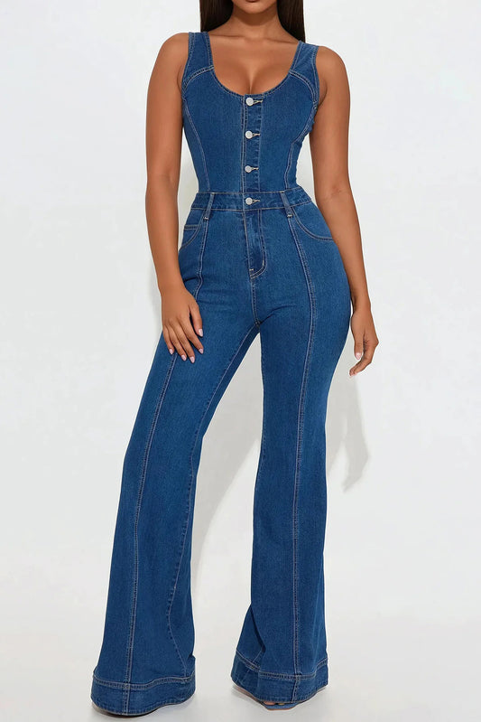 Strappy Flared Leg Denim Jumpsuit